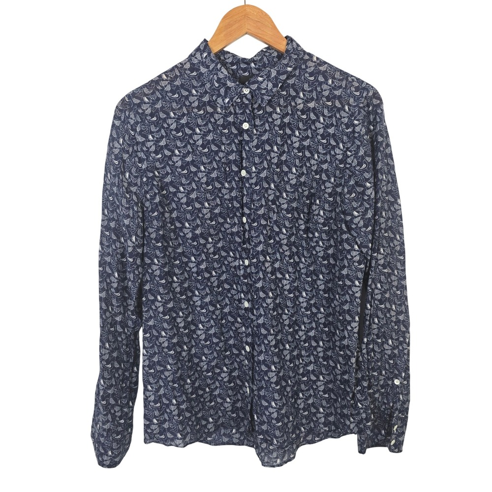 J.Crew Boys Navy Blue Bird Print Cotton Silk Button Up Shirt Size 12